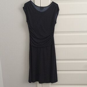 EnFocus Polka Dot Navy Midi Dress Ruched Sides Size 8